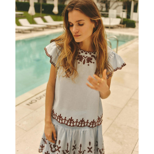 Baby Blue/Brown Eyelet Top