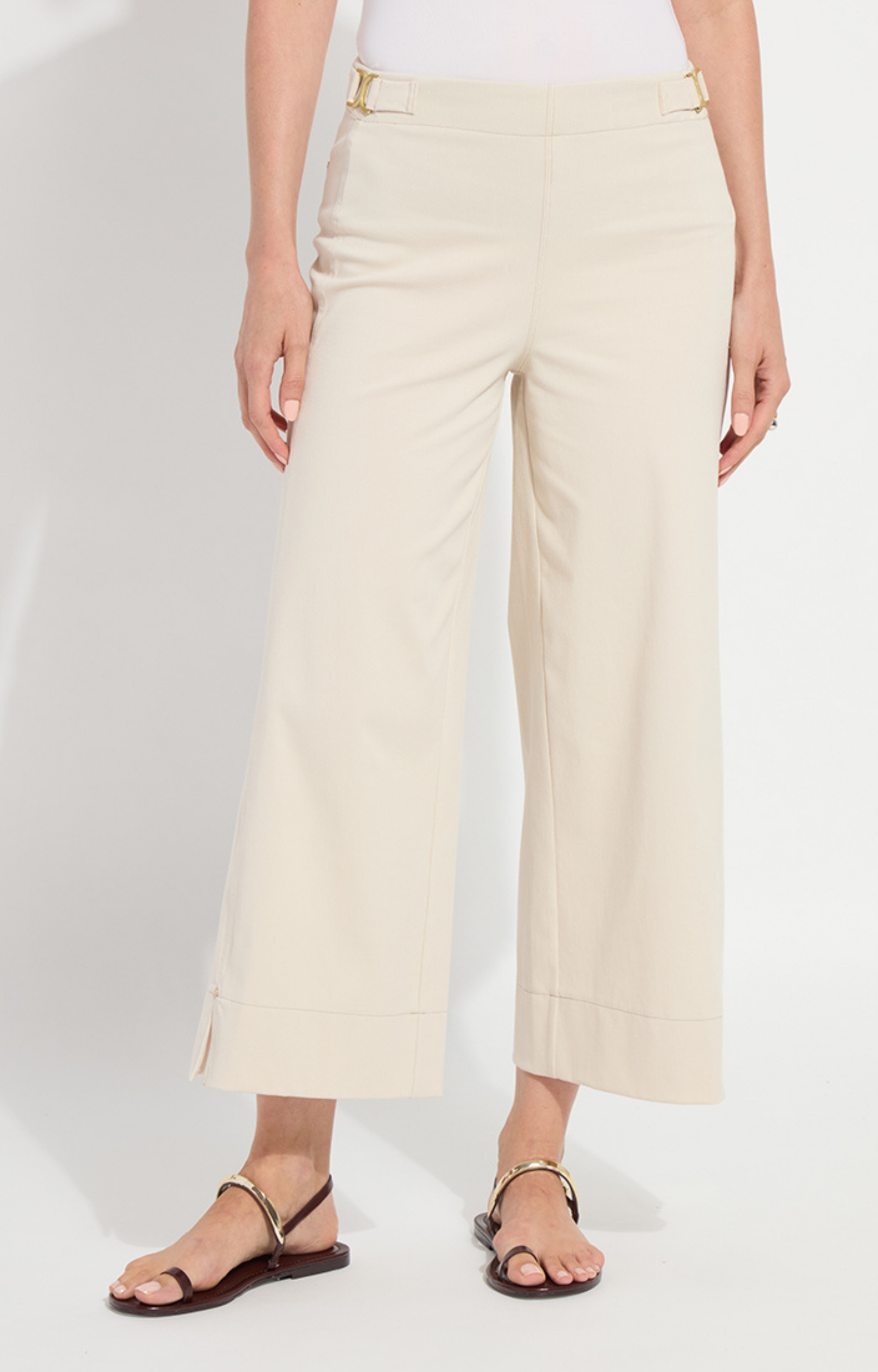 Beige Buckle Wide Leg Pants