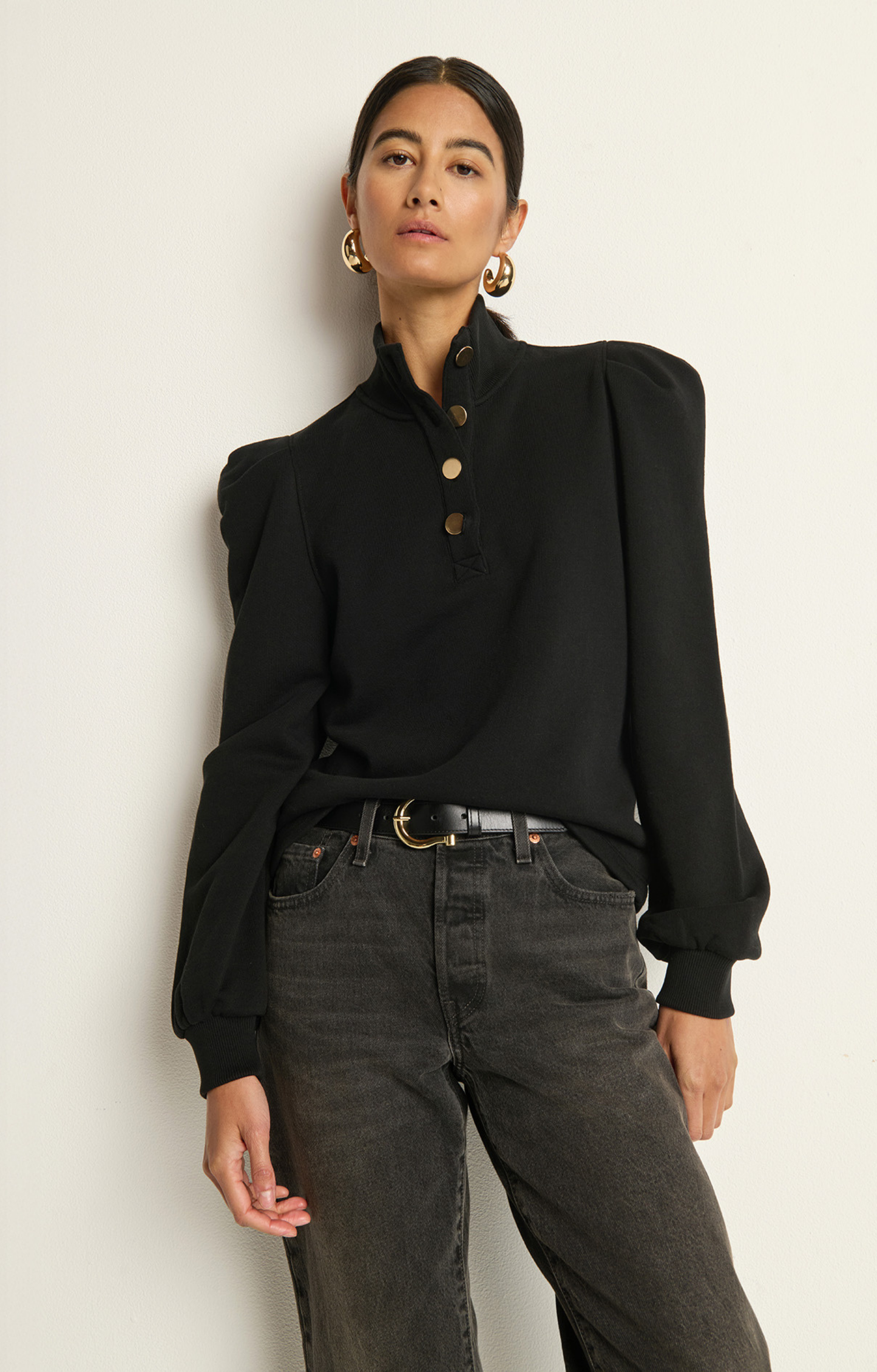 Black Puff Sleeve Button Sweatshirt