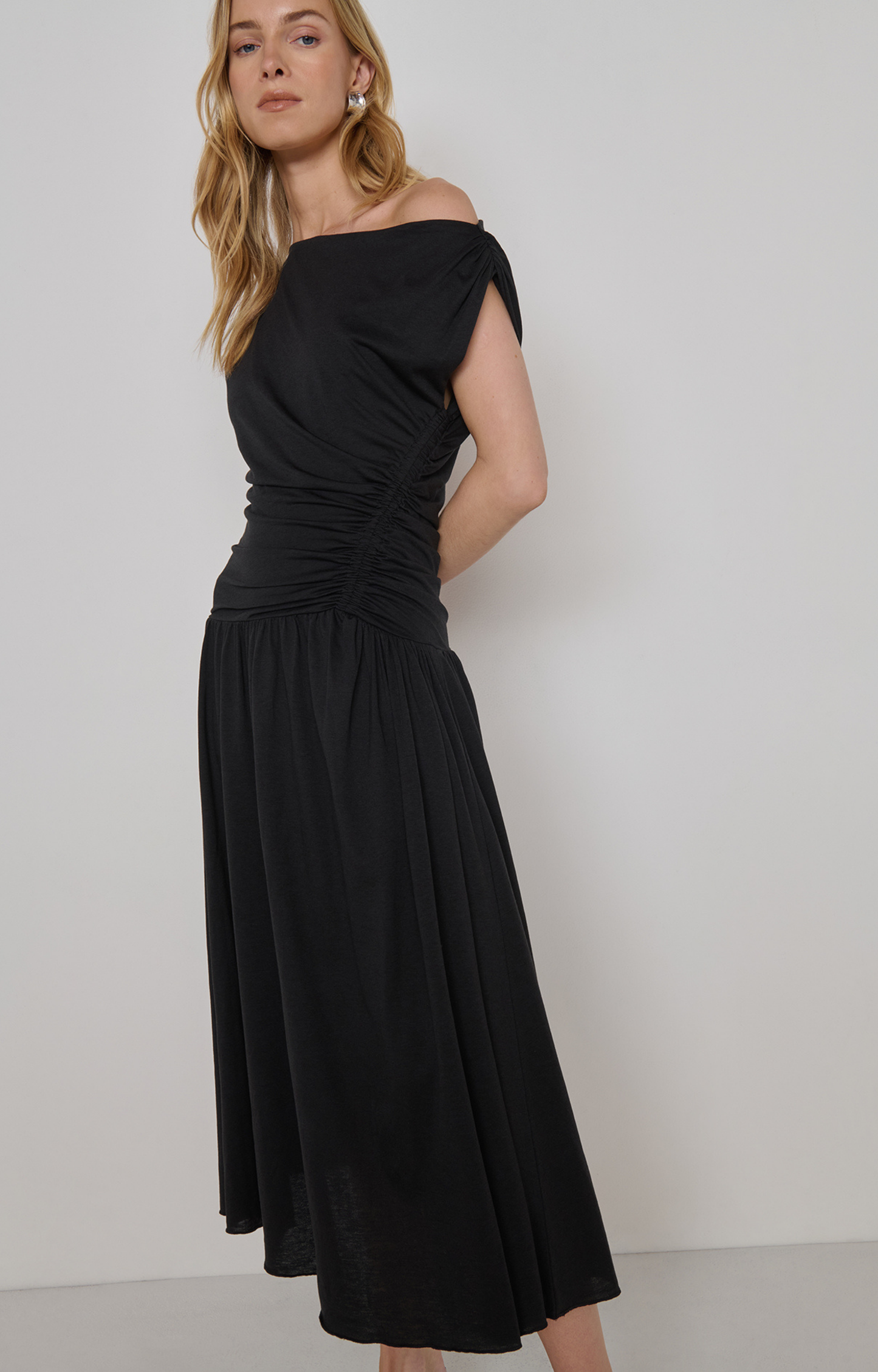 Black Ruched Off Shoulder Dress