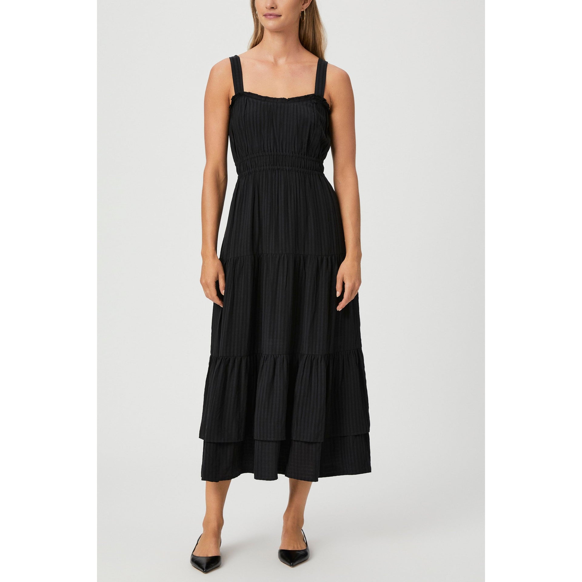 black shirred midi dress Black Shirred Ruffle Midi Dress – Base Boutique
