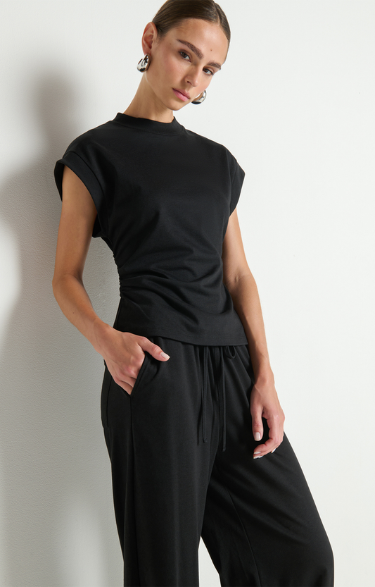 Black Shirred Short Sleeve Top