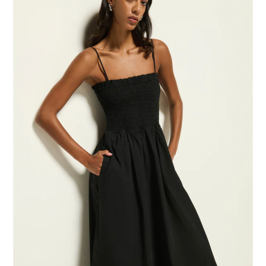 Black Smocked Midi Dress