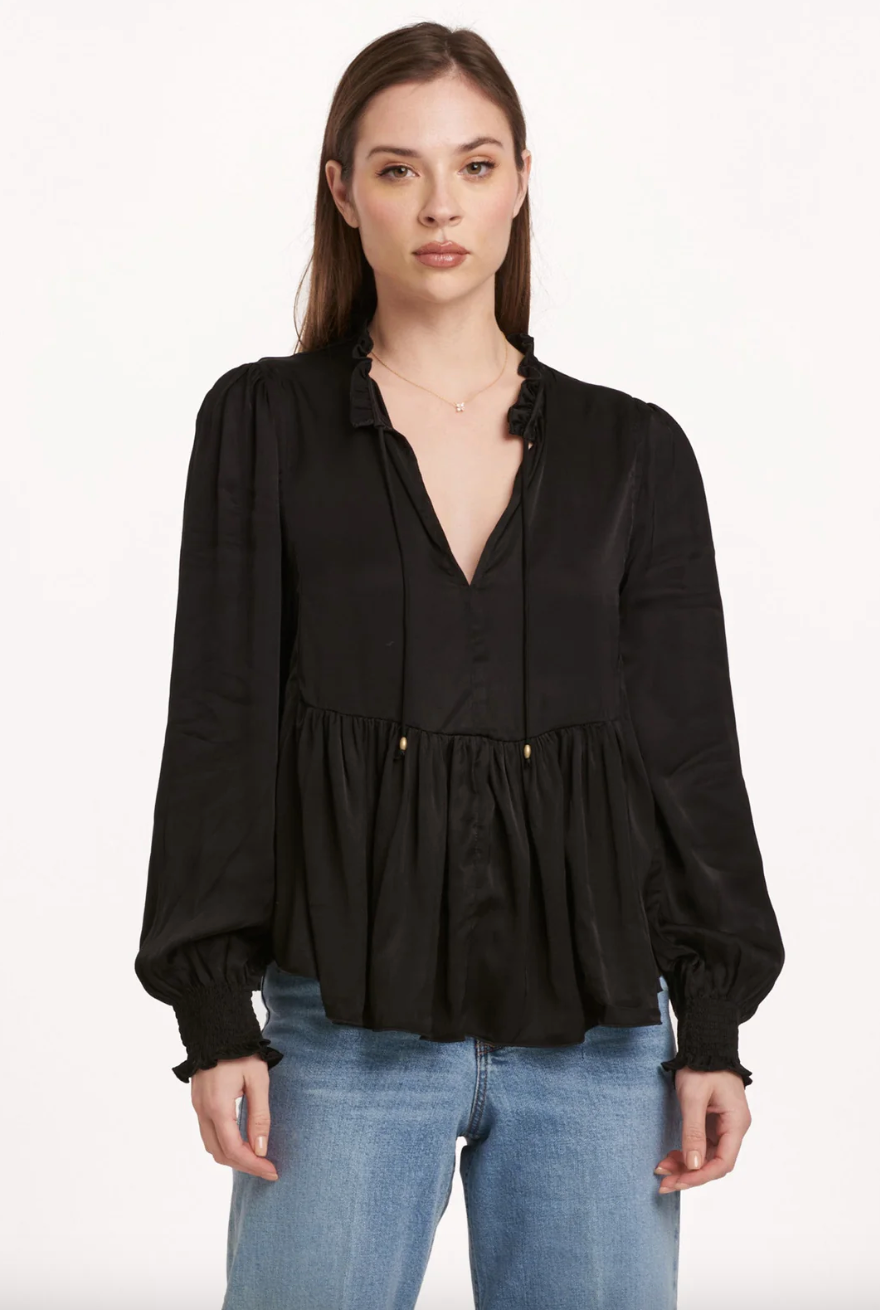 Black Tie Neck Peplum Blouse