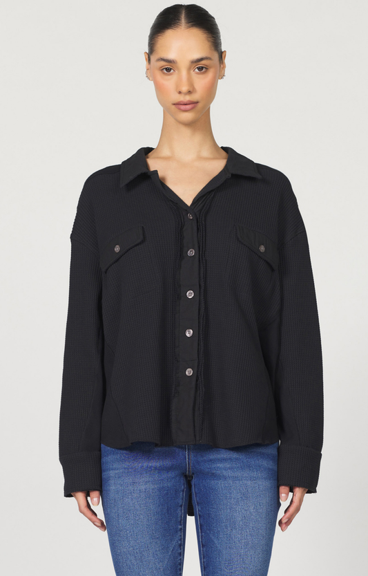 Black Waffle Knit Button Down
