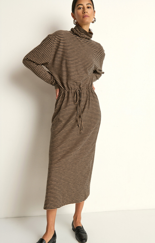 Black/Tan Stripe Midi Dress