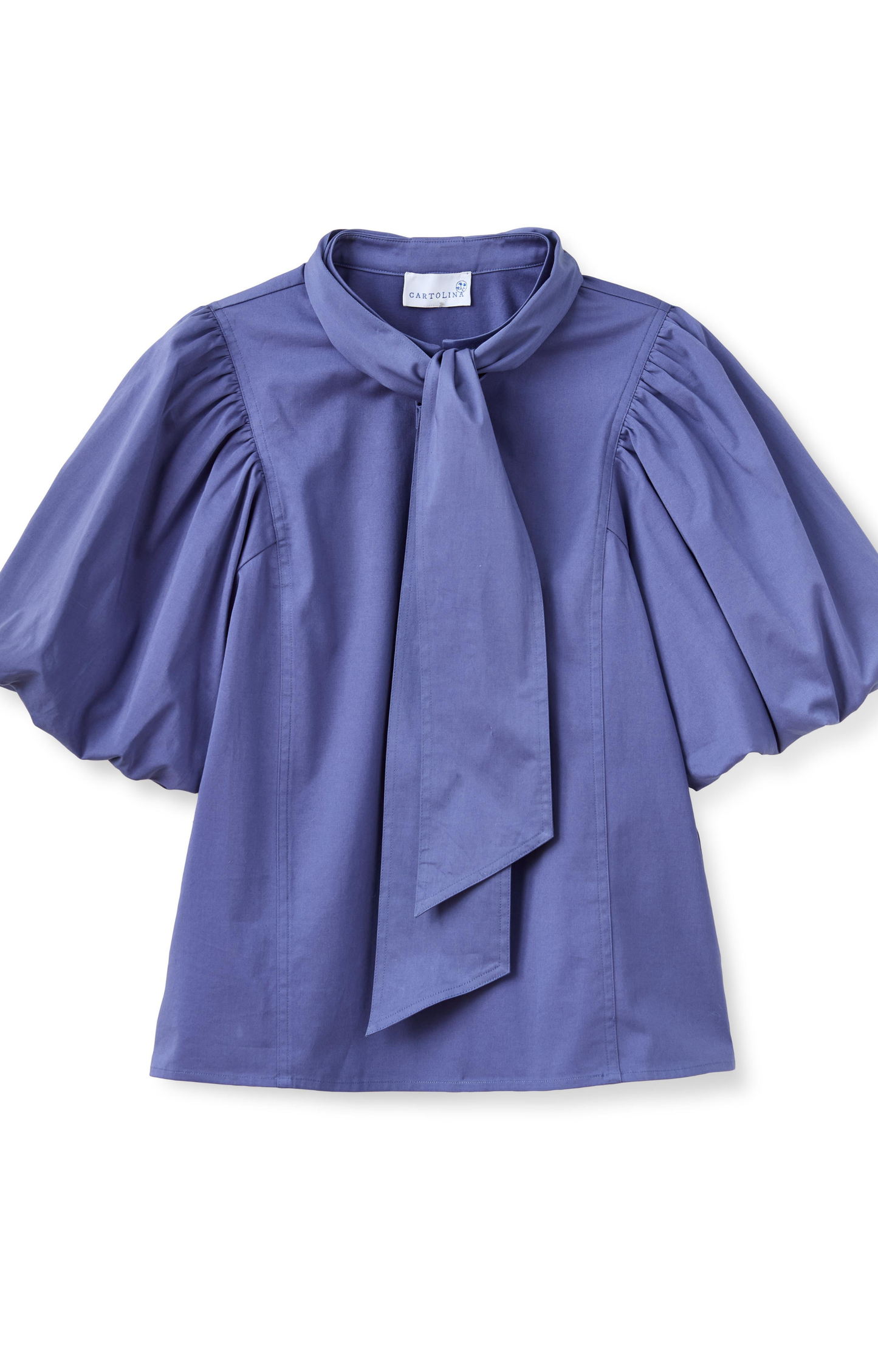 Blue Puff Sleeve Bow Blouse