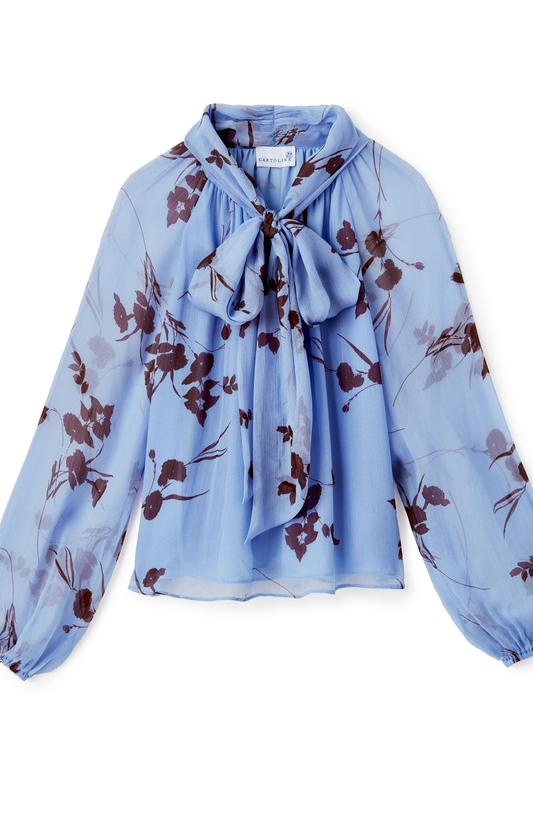 Blue/Brown Floral Tie Neck Blouse