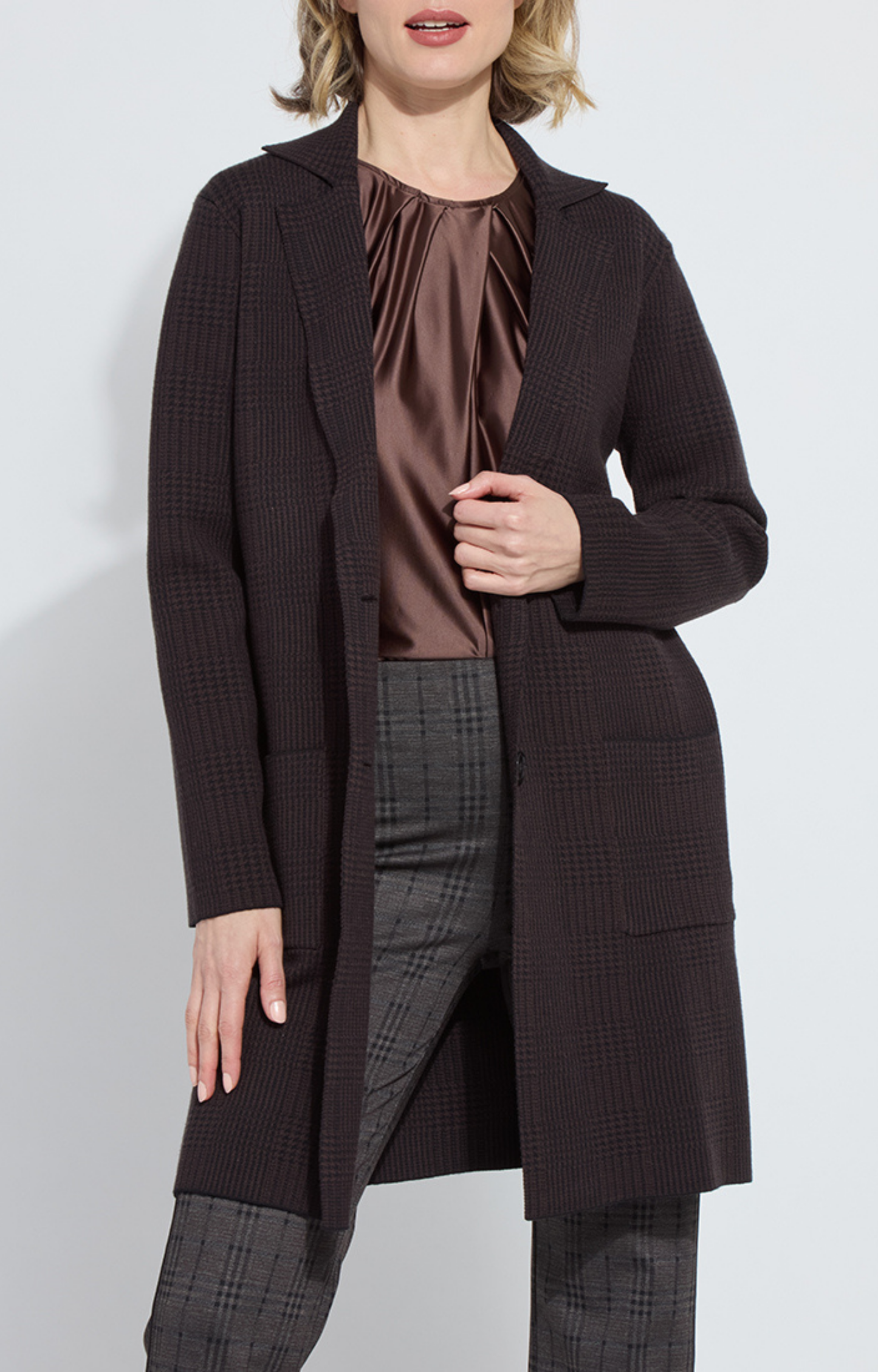 Brown/Black Plaid Knit Car Coat