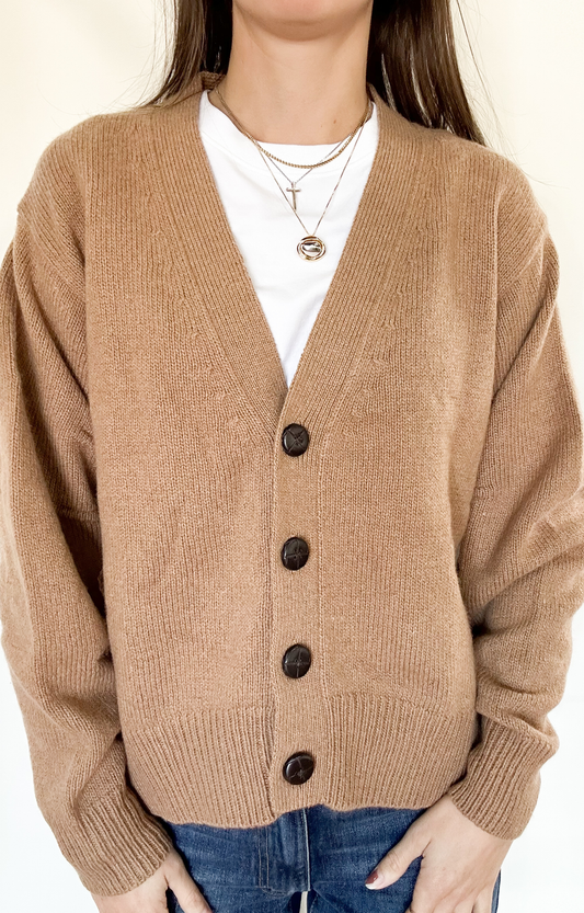 Camel Pleat Sleeve Cardigan