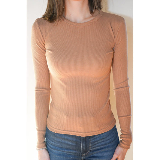 Camel Ribbed Long Sleeve Top