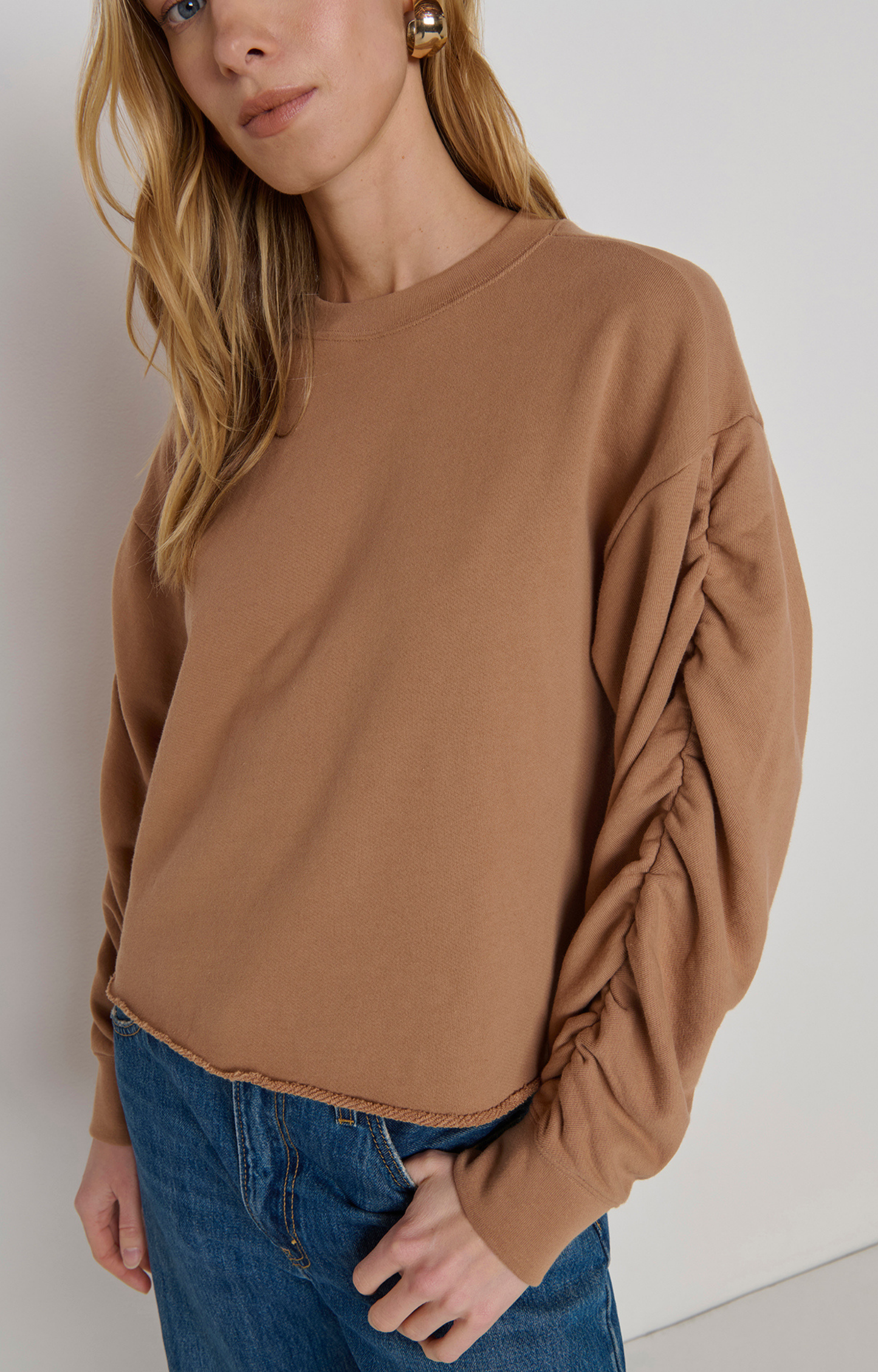 Camel Ruched Sleeve Sweatshirt