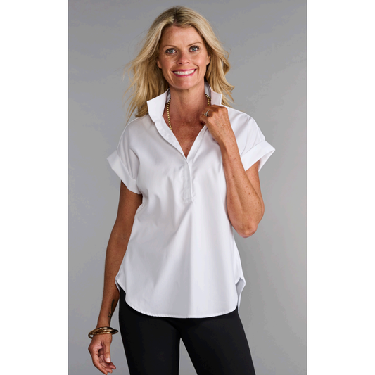 White Standup Collar Half Button Shirt