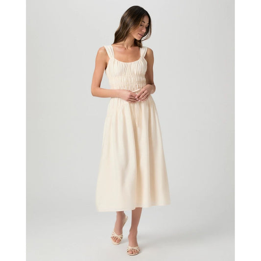 Cream Ruched Waist Midi Dress
