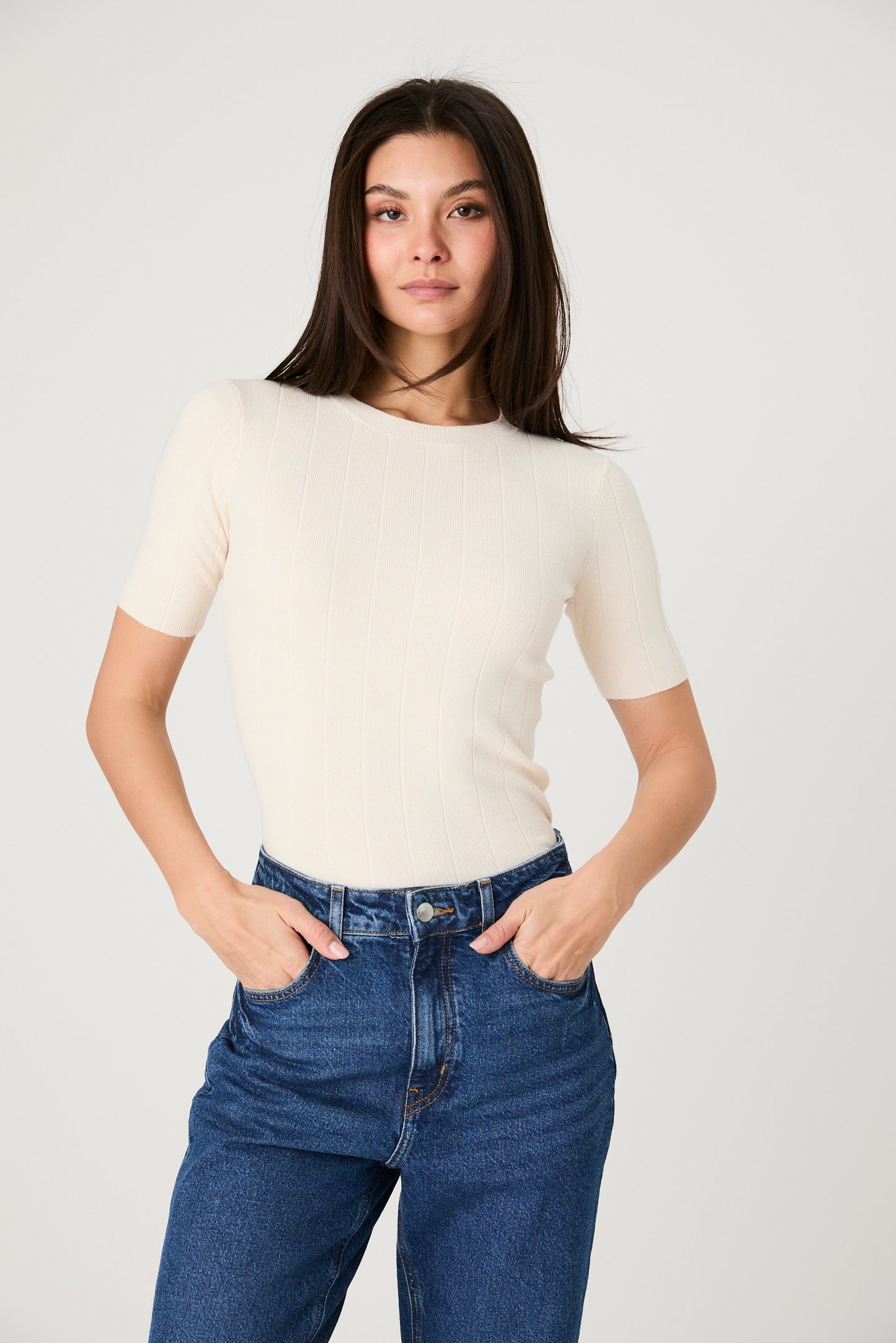 Cream Wide Rib Knit Top