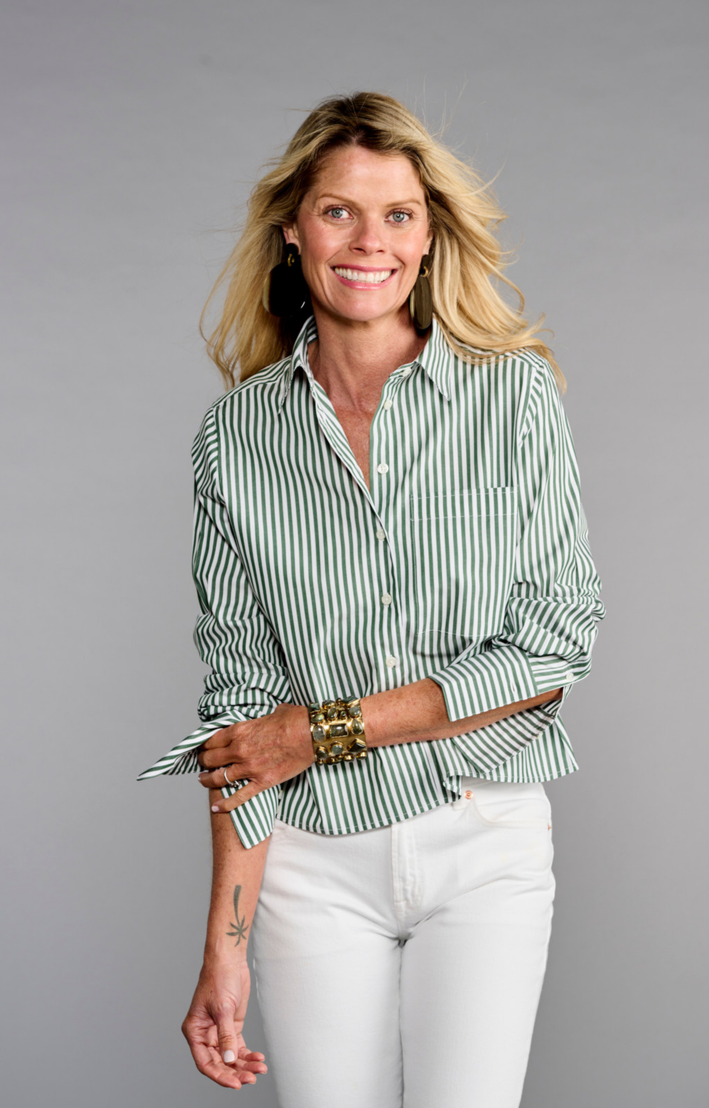 Cropped Green Stripe Button Down Shirt