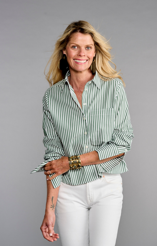 Cropped Green Stripe Button Down Shirt