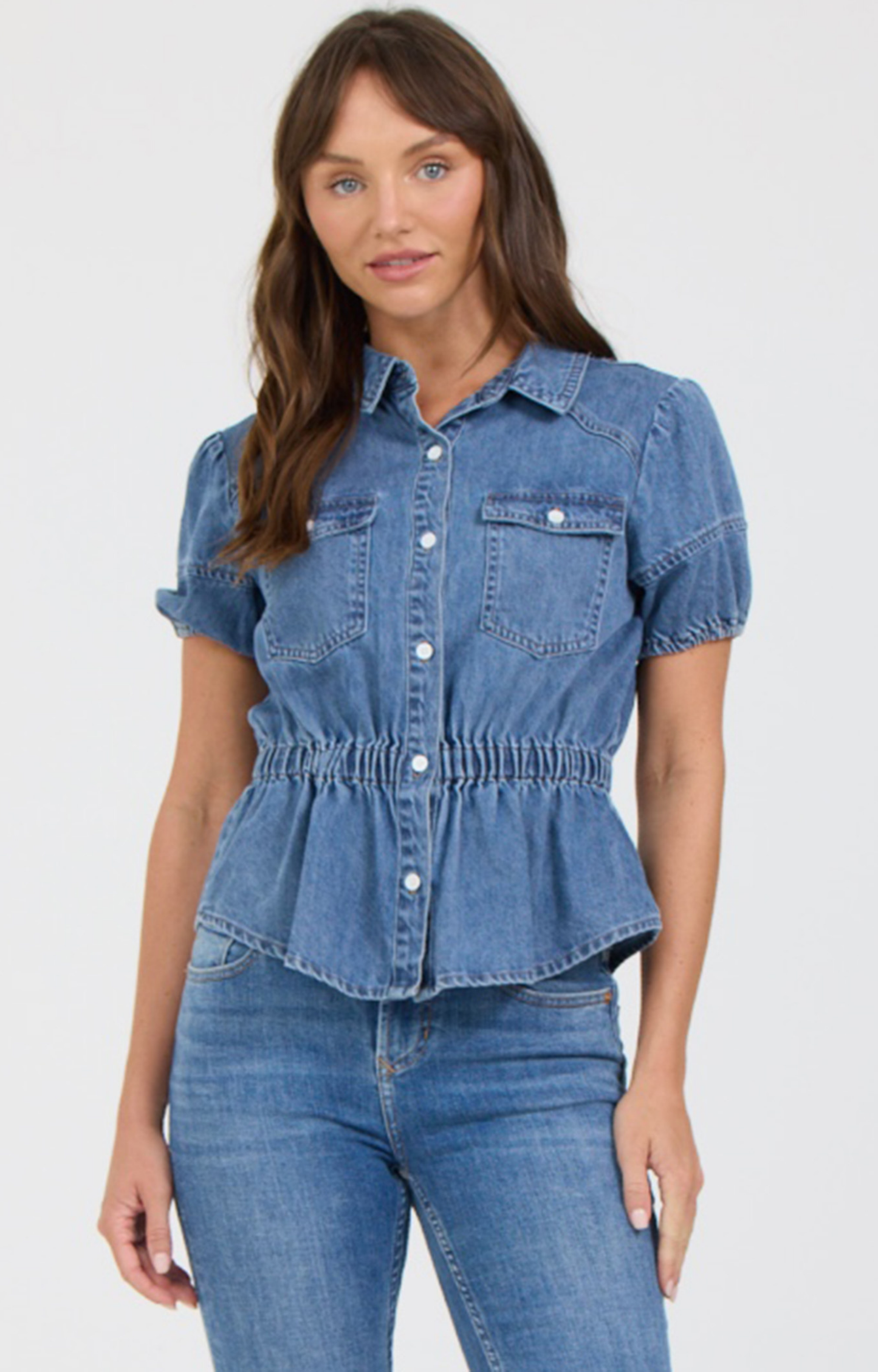 Denim Ruched Puff Sleeve Top