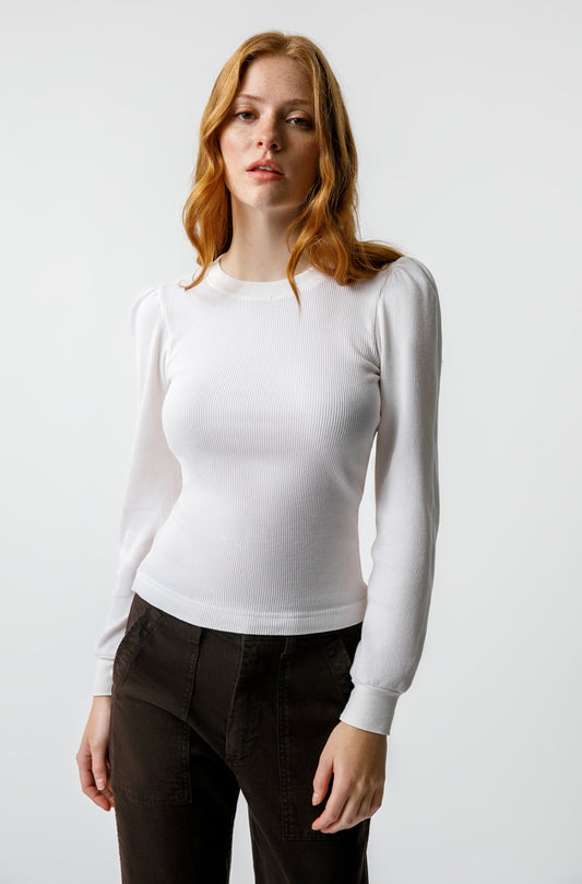 White Puff Sleeve Waffle Top