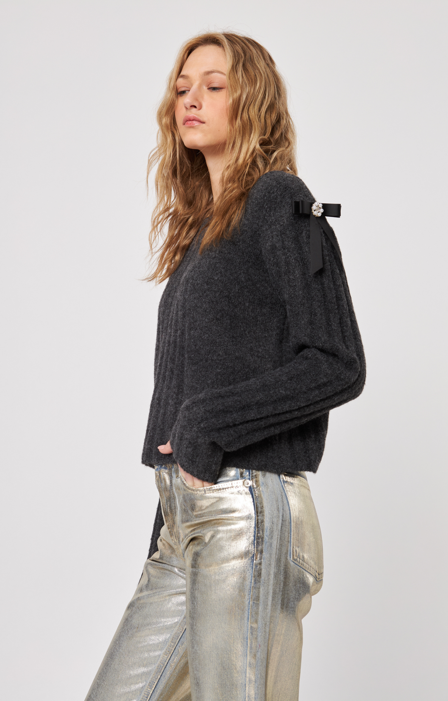 Graphite Bow Shoulder Sweater
