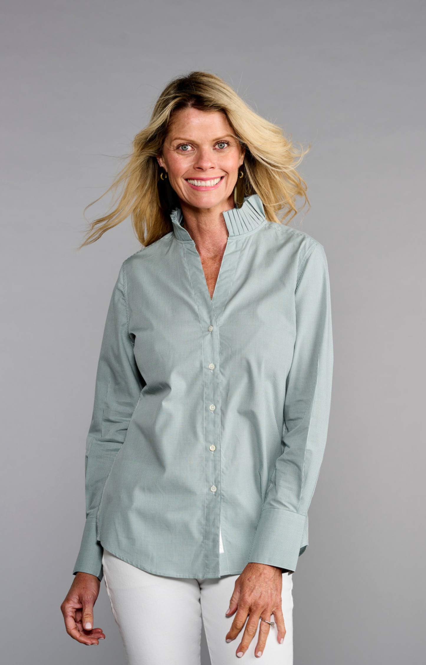 Green Check Pleated Collar Button Down Shirt