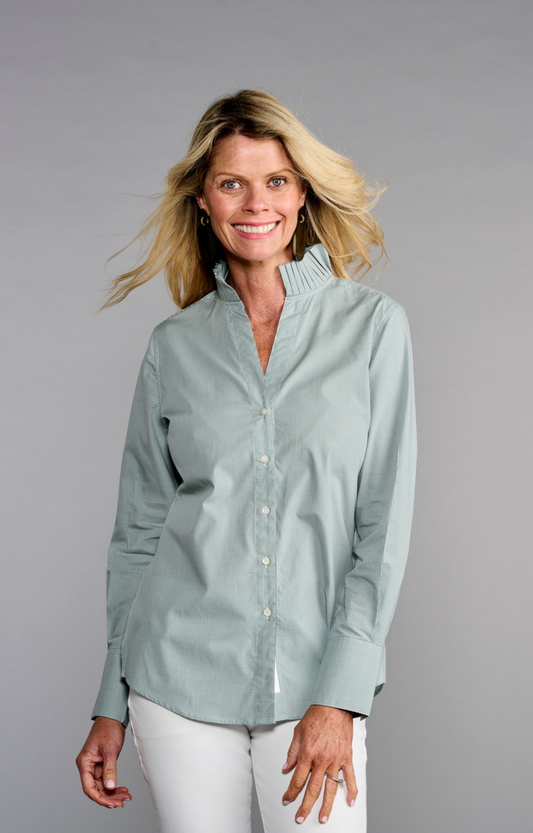 Green Check Pleated Collar Button Down Shirt