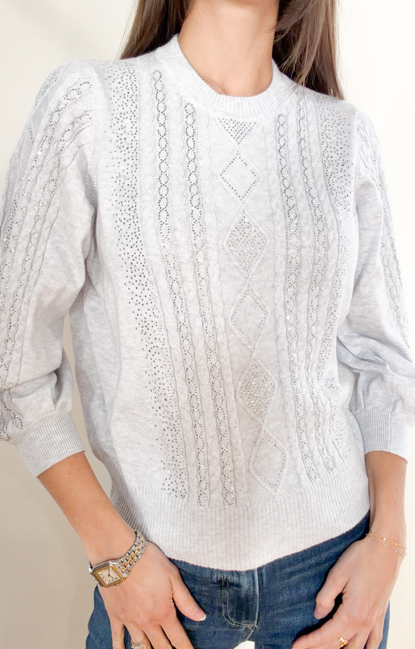 Grey Crystal Cable Knit Sweater