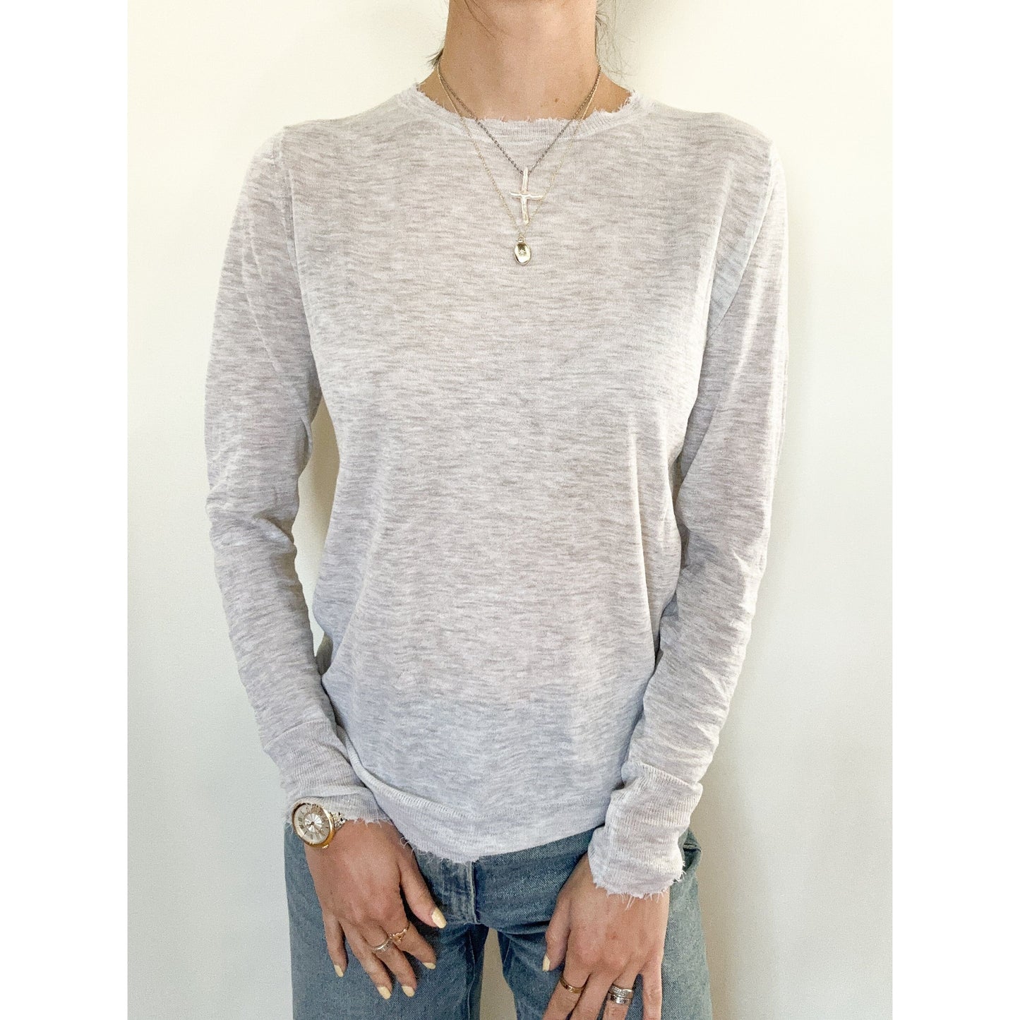 Heather Grey Tissue Distressed Long Sleeve