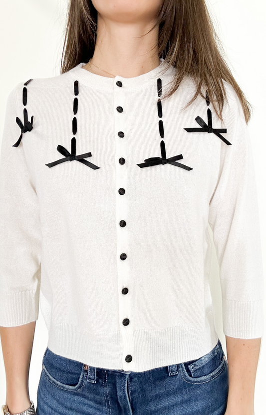 Ivory Black Ribbon Cashmere Cardigan