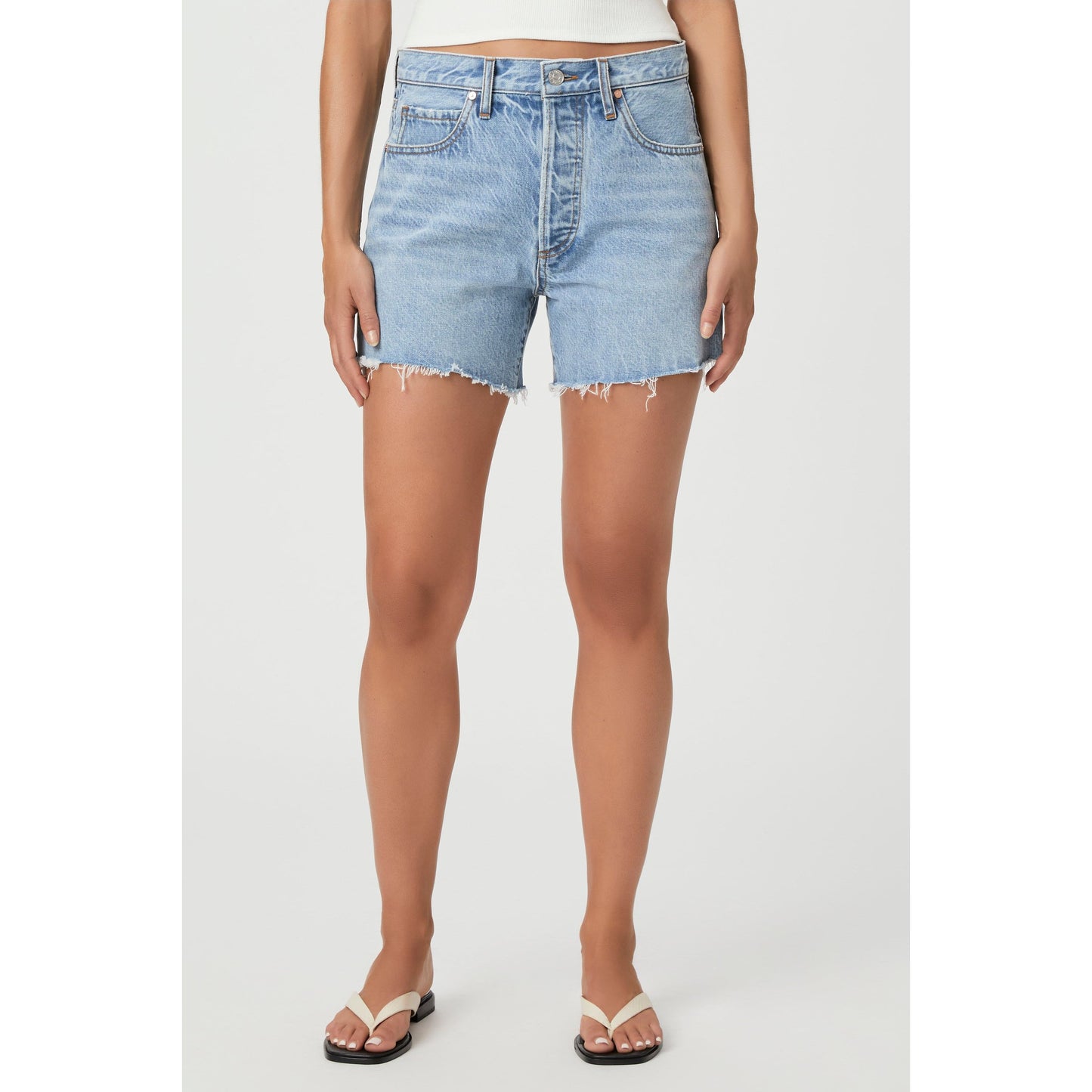 Light Wash Distressed Hem Shorts