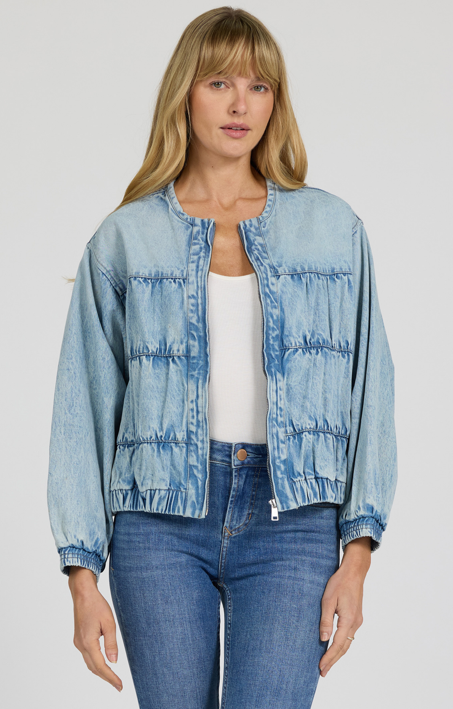 Light Wash Ruched Denim Jacket