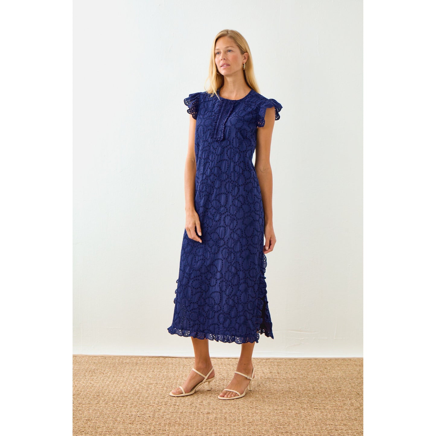 Navy Floral Eyelet Midi Dress