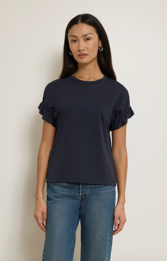 Navy Ruffle Puff Sleeve Top