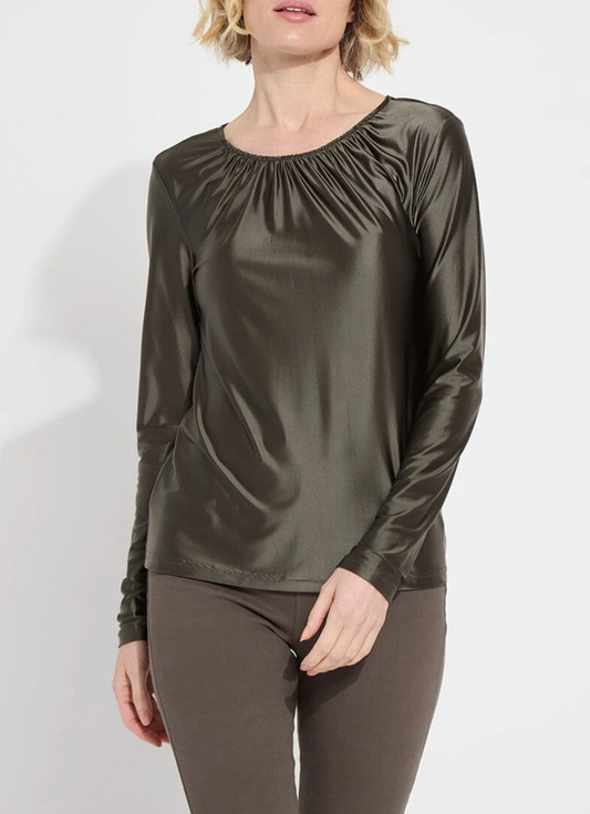 Pewter Green Satin Long Sleeve Top