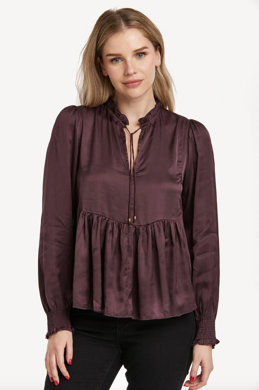 Plum Tie Neck Peplum Blouse