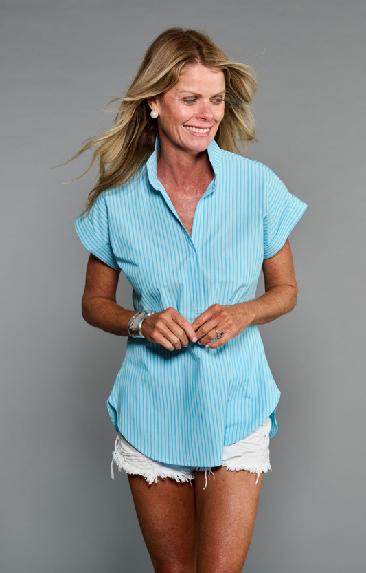 Pool Stripe Popped Collar Short Sleeve Shirt