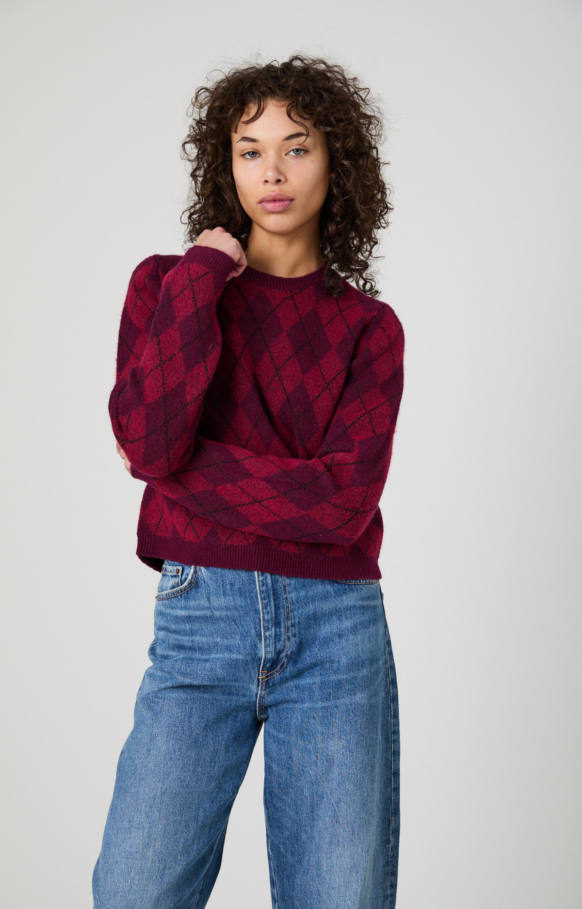 Raspberry Argyle Pullover Sweater