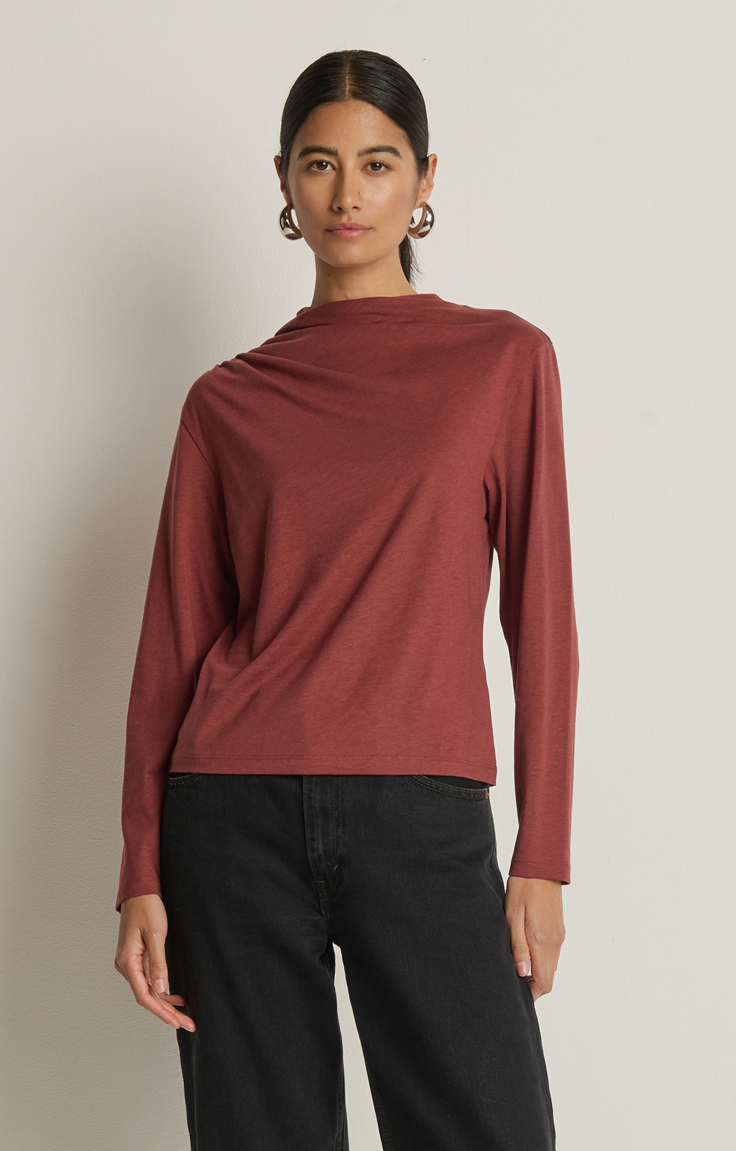 Red Drape Front Long Sleeve Shirt