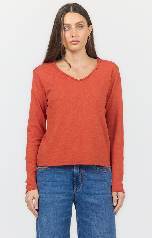Rust Distressed V-Neck Long Sleeve