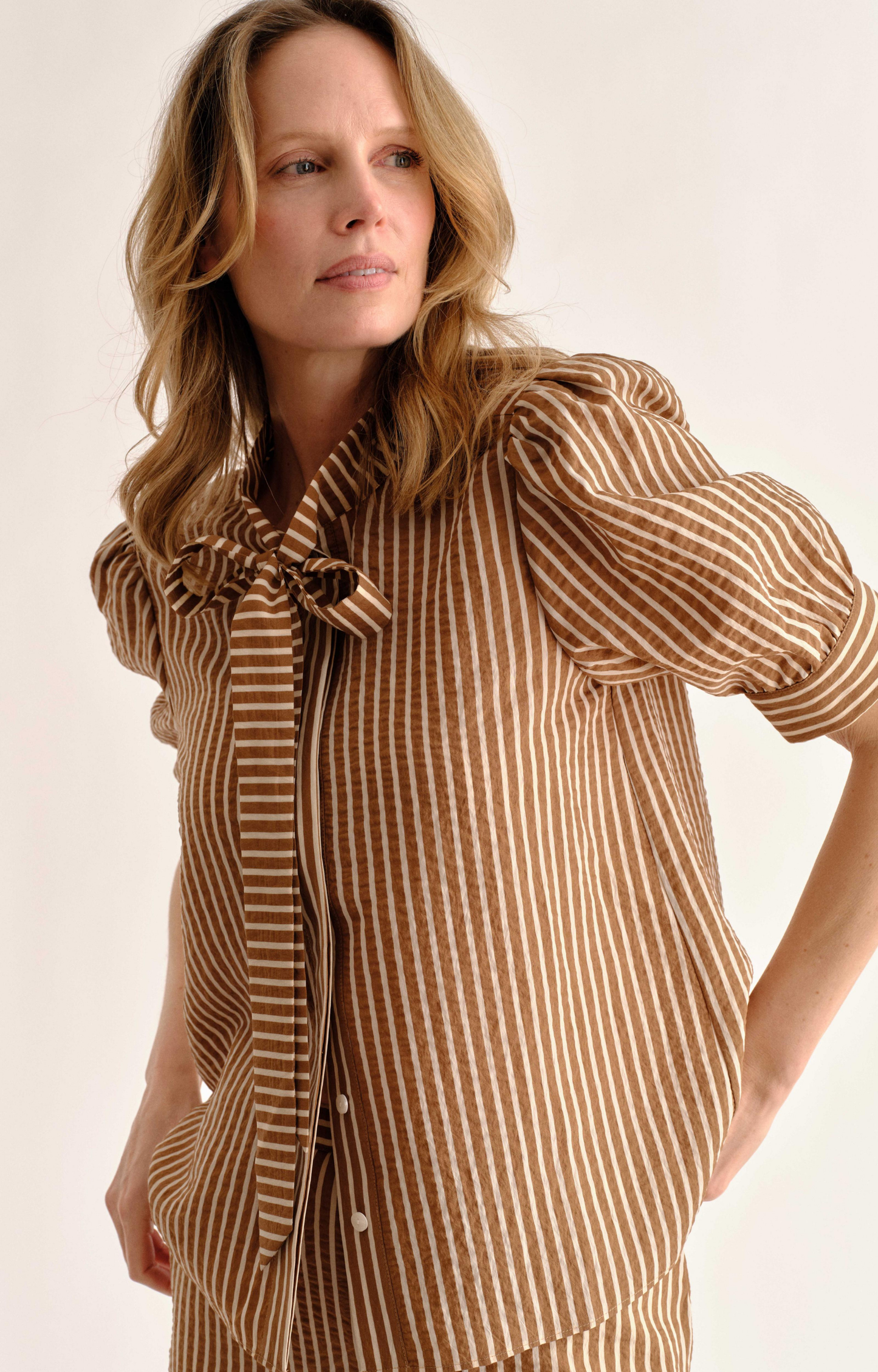 Tan Stripe Tie Neck Blouse