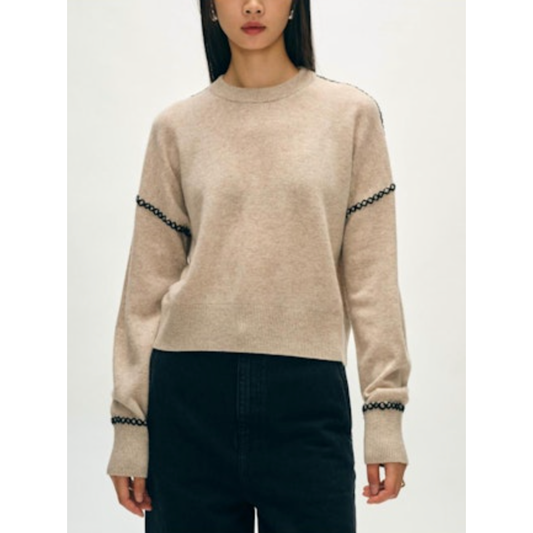 Tan/Black Crochet Cashmere Crewneck