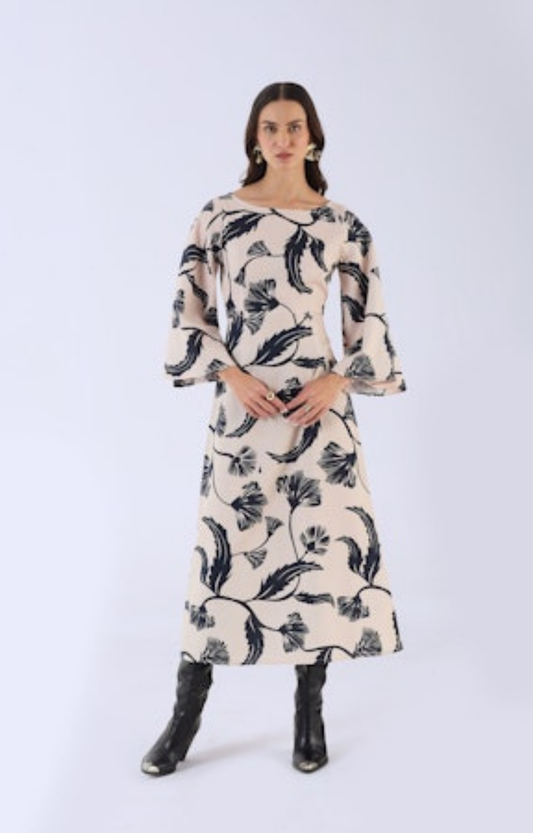 Vanilla/Noir Bloom Midi Dress