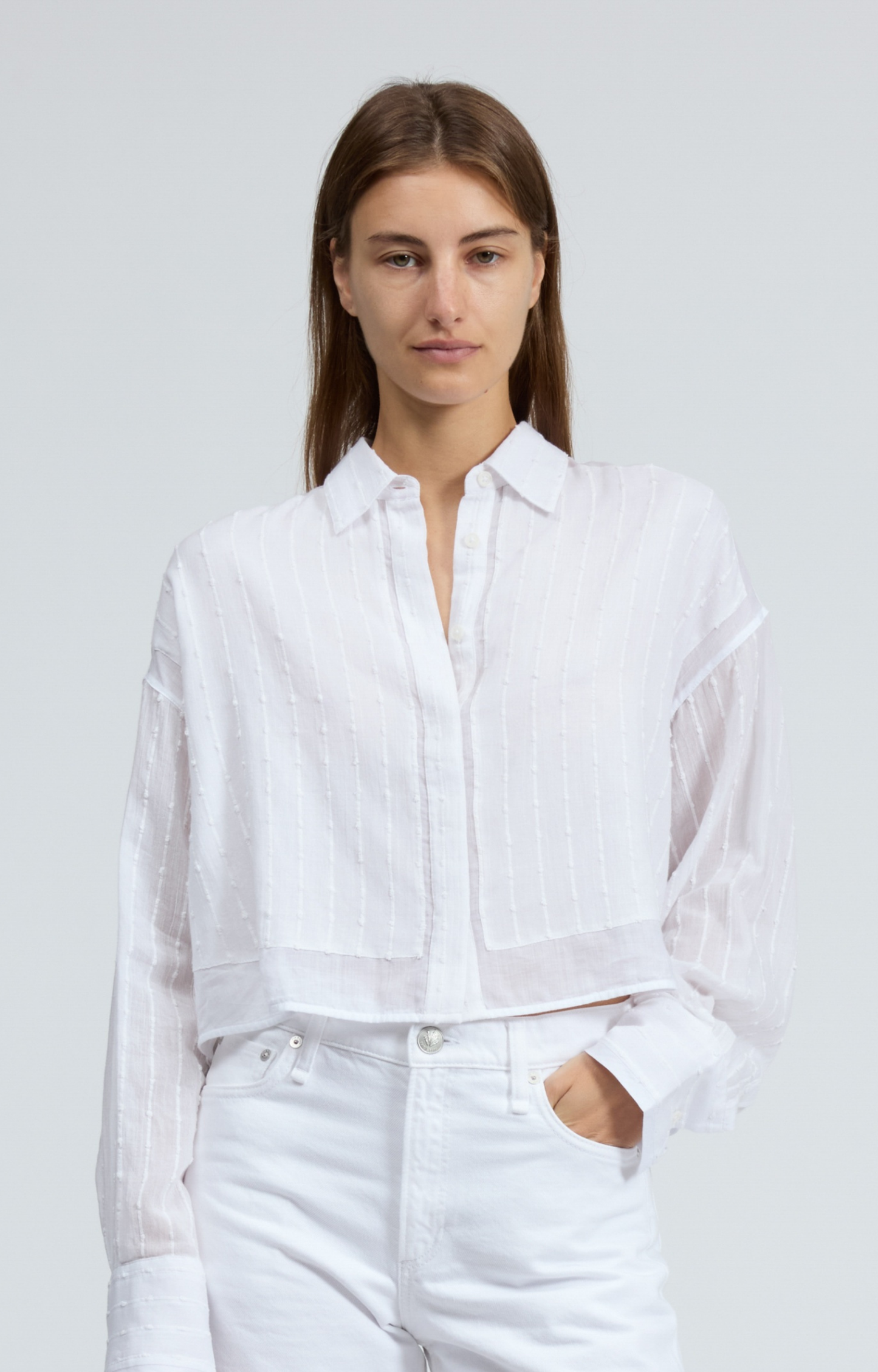 White Detailed Cropped Button Down
