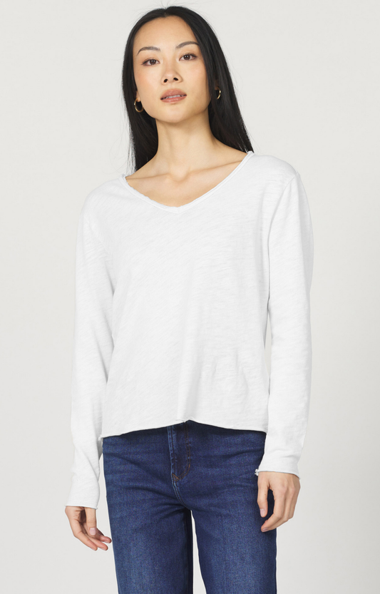 White Distressed V-Neck Long Sleeve