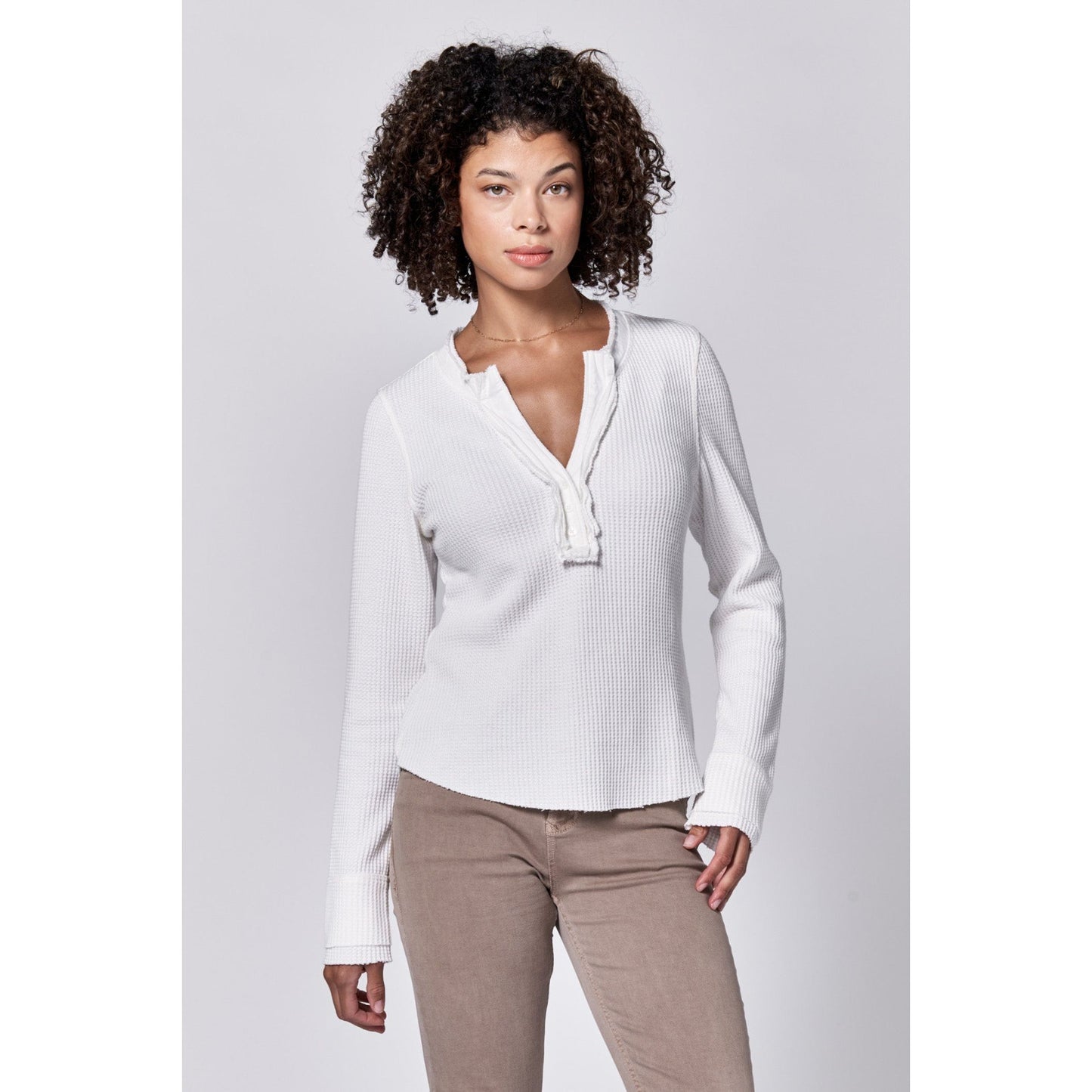 White Notch Front Long Sleeve Top