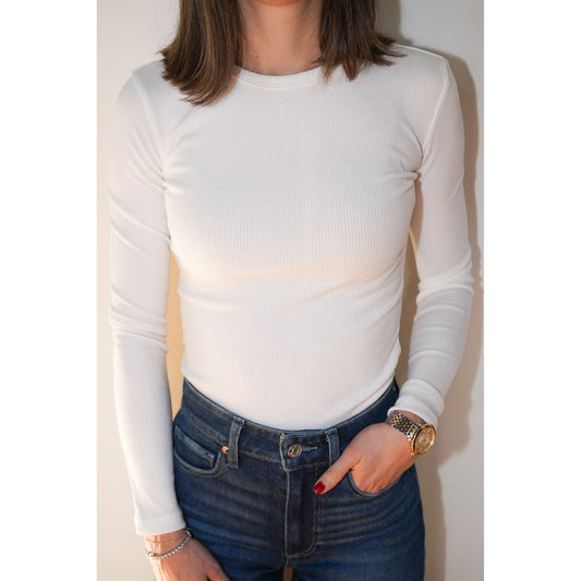 White Ribbed Long Sleeve Top