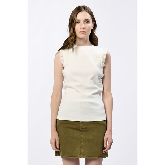 White Ribbed Ruffle Sleeve Top