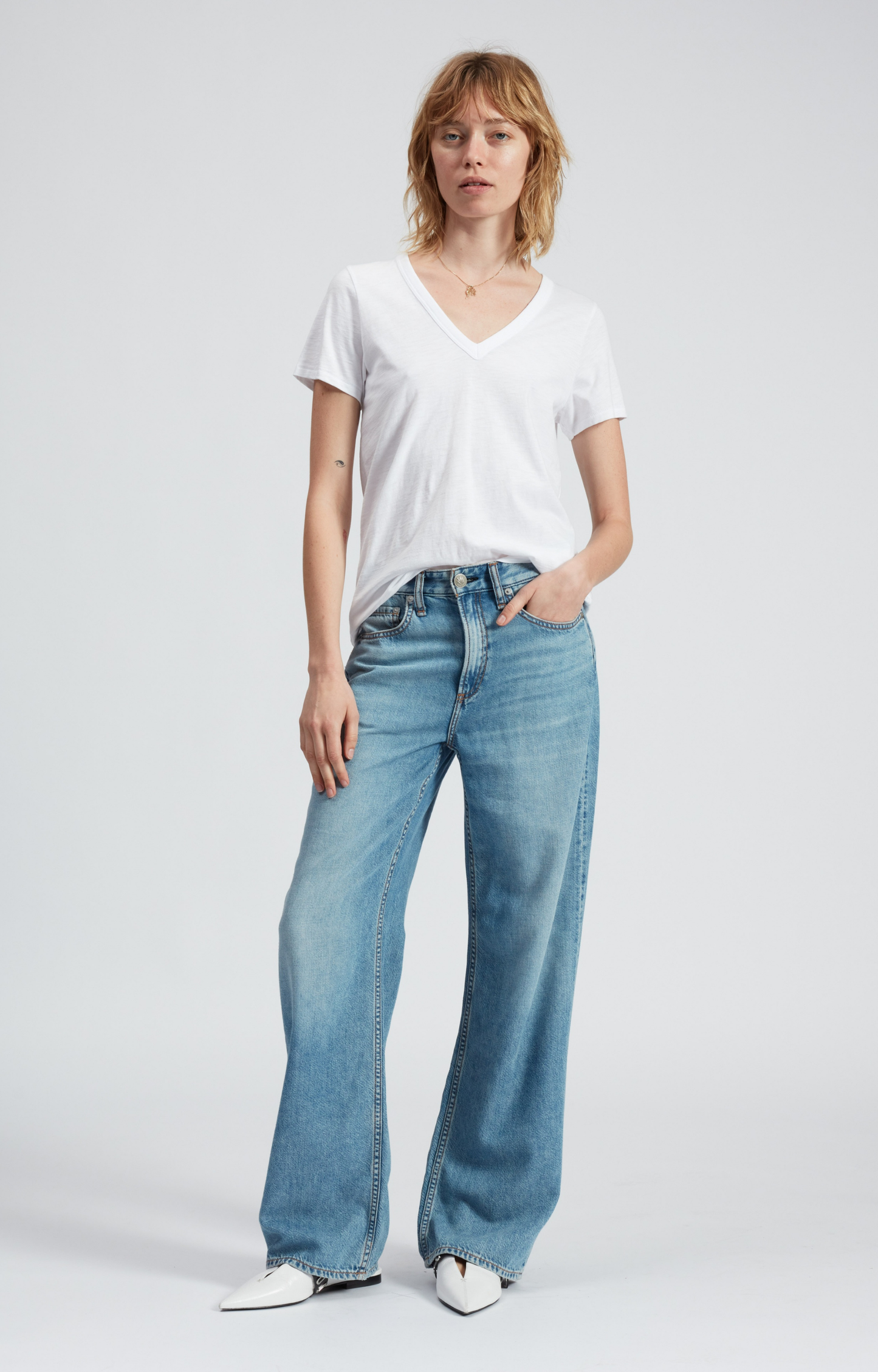 White Slub V-Neck T-Shirt