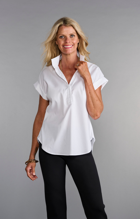 White Popped Collar Short Sleeve Shirt