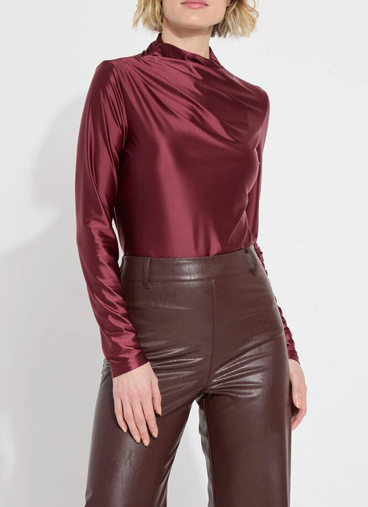 Wine Satin Funnel Neck Top